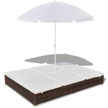 Loungebett für den Außenbereich mit Sonnenschirm aus Poly Rattan in Braun