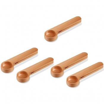 Set 5 piezas: cucharas medidoras madera + sellador de bolsas clip para café/té