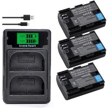 E6N Battery + LED Dual Charger for Canon EOS 5DS R, 5D Mark II, 5D Mark III, 6D, 7D, 80D