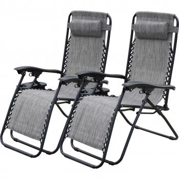 Set of 2 Grey Folding Reclining Sun Lounger Chairs with Cup Holders