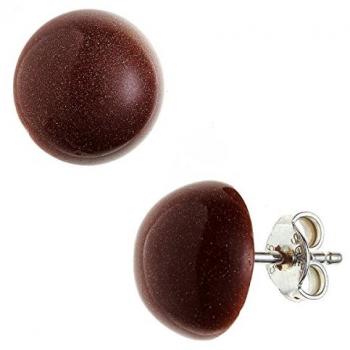 Ohrstecker 925 Sterling Silber mit 2 runden Goldfluss-Steinen in Braun