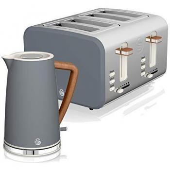 Nordic Kitchen 1.7L Electric Kettle and 4 Slice Toaster Set, Gray with Wood-Effect Handle by Swan