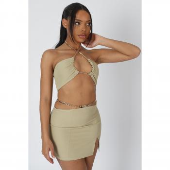 Chain-Embellished Mini Skirt in Sage