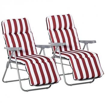 Lot de 2 chaises longues bains de soleil ajustables pliables transat lit de jardin en acier rouge + blanc