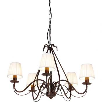 Lampadario marrone con 5 luci e paralumi plissettati panna