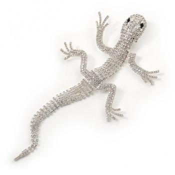 Avalaya Clear Crystal Gecko Lizard Pin, 20cm Long, Silver Toned Metal