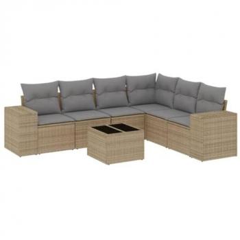 7-Piece Outdoor Sofa Set with Cushions in Beige Poly Rattan