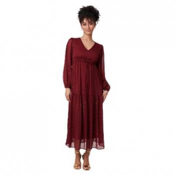 Izabel London Women’s Sparkle Midi Dress, Long Sleeved, Semi-Sheer – Red (Size 16)