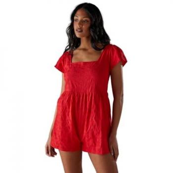Size 10 Red Floral Cotton Square-Neck Babydoll Playsuit