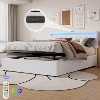 Redom Lit Double 160x200 CM USB Type‑C, Coffre, Lin, Blanc