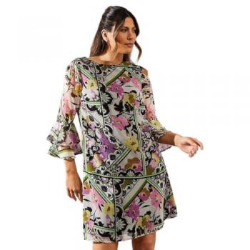 Multicolour Women's Fluted Sleeve Shift Dress with Patchwork Design