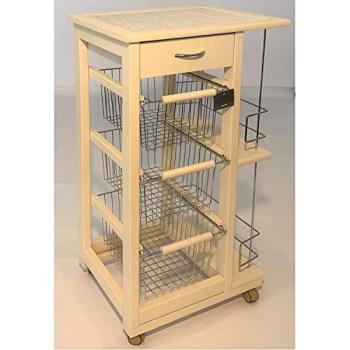 Carrello multifunzione cucina in legno di faggio: cassetti, ruote girevoli, contenitori per bottiglie, vino e frutta, colore avorio