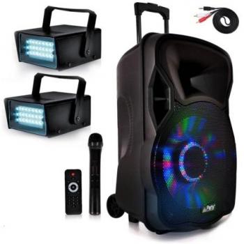 Enceinte PARTY12-LED 700W 12 à LEDs RVB Mobile Batterie DJ PA USB-BT-SD-FM CABLE PC + 2 Flash Strobes
