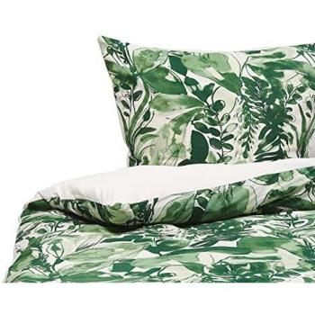 Set Copripiumno e Federa in Misto Cotone Verde e Bianco 155 x 220 cm con Stampa Foglie Moderno Boho