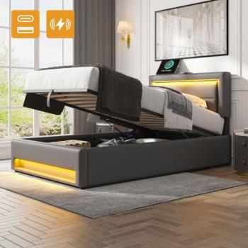 Coffre‑Lit 90×190 cm – Rembourré, Lumière LED, Pu Gris