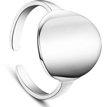 Anneau ouvert pour femme en pur argent 925 sterling avec disque rond simple et ornement en platiné, 57 réglable