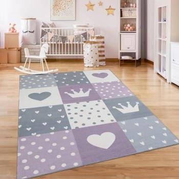 Paco Home Kinderteppich Eliz 391, rechteckig, 12 mm Höhe, Kurzflor, rutschfest, Spielteppich mit Krone, Herz & Punkten