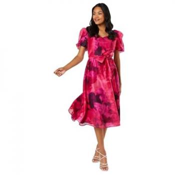 Pink Printed Organza Sweetheart Neck Midi Dress with Puff Sleeves