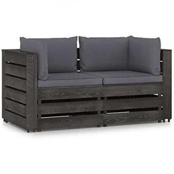 Sofá de jardín 2 lugares con almohadillas de madera impregnadas de gris