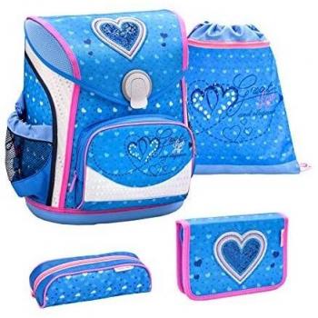 Belmil Schulranzen Set 4-teilig für Mädchen 1-4 Klasse/Brustgurt, Hüftgurt/Magnetverschluss/Herz/Blau