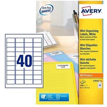 Avery L7654-25 Mini Multipurpose Labels Self Adhesive 45.7 x 25.4 mm White 25 Sheets of 40 Labels