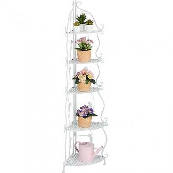 Portafiori Angolare in Acciaio, 5 Ripiani Pieghevoli, 136x30x30 cm, Bianco