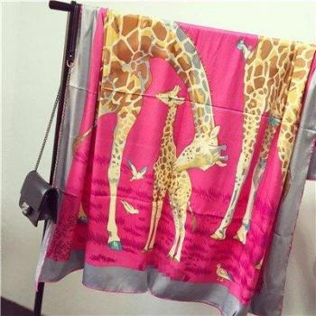 LESIDA Twill Satin Silk Scarf Giraffe Bird Pattern 130*130CM