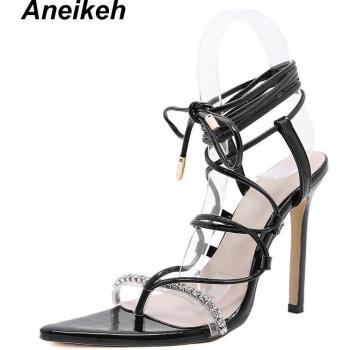 PU Stiletto Heels Sandals with Crystal Bling and Butterfly-knot Size 42
