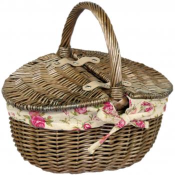 Antique Red Garden Picnic Carrier – Double-Lid Oval with Rose Pattern
