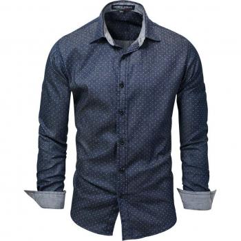 Camisa casual de hombre en denim con polka dots, manga larga, 100% algodón, M-3XL