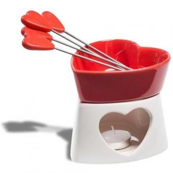Fondue di cioccolato a forma di cuore con 4 spiedini in ceramica