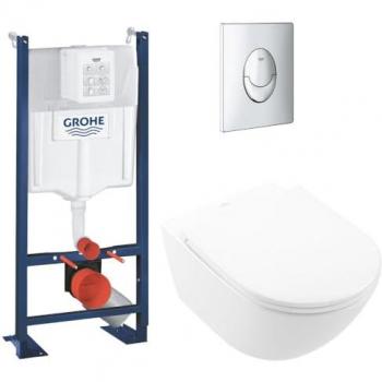 VILLEROY & BOCH Twist‑Flush Blanc – Lot WC Suspendu, Bâti + Plaque Chromée (GROHE)