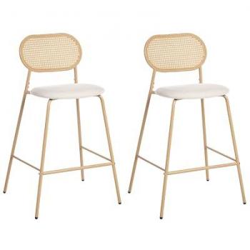 Conjunto Doble de Sillas de Barra Beliani en Madera Clara con Soporte de Metal y Respaldo de Ratán, Color Adaver