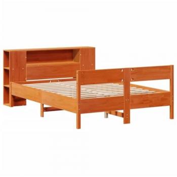 VidaXL Double Solid Pine Wood Bookcase Bed without Mattress Wax Brown 135x190 cm
