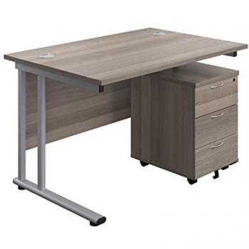 Small Office Desk with Grey Oak-Silver Finish and 3 Drawer Pedestal