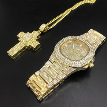 Gold Color Men's Watch and Ice Out Necklace Set