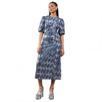 Warehouse Women's Premium Sequin Denim Fitted Puff Sleeve Midi Dress