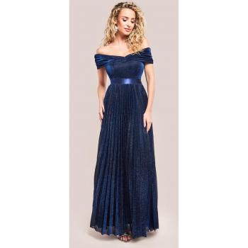 Navy Bardot Pleated Maxi Skirt by Goddiva