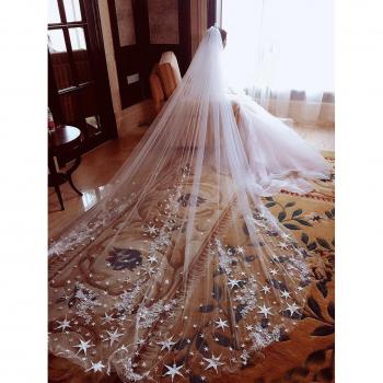 Voile de mariage blanc champagne, double long, fin et doux, appliques en dentelle, bord étoile avec peigne