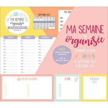 Ma semaine organisée sept. 2022-déc. 2023, 1 page par semaine, 2 blocs post-it + listes de courses: Semainier 16 mois de septembre 2022 à décembre 2023