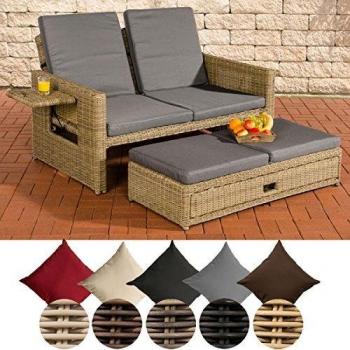 CLP Gartenlounge Ancona 5 mm – 2er Sofasystem mit ausziehbarem Fußteil und einstellbarer Rückenlehne, Rattan Natur, Eisengrauer Bezug
