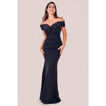 Fan‑Pleated Bardot Black Maxidress – Goddiva Collection