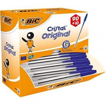 Bic Cristal Ball Pen Clear Barrel 1.0mm Tip 0.32mm Line Blue 896039 Pack of 90 plus 10 FREE 482095