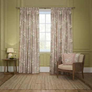 Sanderson Adele Pair of Rose‑Toned Floral Chenille Pencil Pleat Curtains – 65.75 cm Wide, 137 cm Drop
