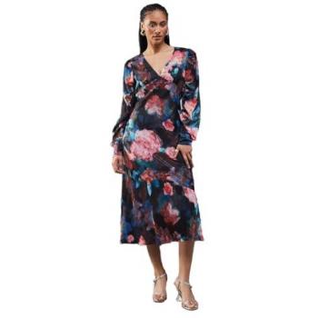 Floral Metallic Shadow Stripe Plunge Neck Maxi Dress with Gathered Sleeves