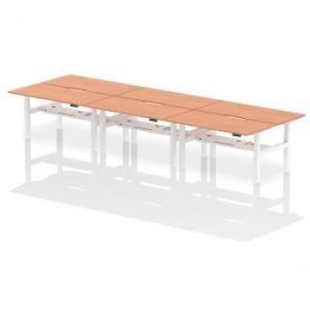 Air 1600 x 800mm Height Adjustable 6 Person Bench Desk in Beech with Scalloped Edges and Black Frame