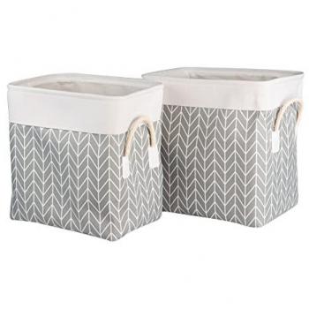 Set 2 Cestos para Ropa Sucia de Poliéster y Yute, Gris/Blanco, 40x30x41 cm / 37x27x38 cm