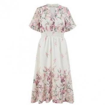 Mirrored Garden Print Mid-Length Dress, Ivory, Ruched Waist