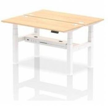 Dynamic Air Back-to-Back Height Adjustable Sit Stand 2 Person Bench Desk with Cable Ports and Maple Finish White Frame