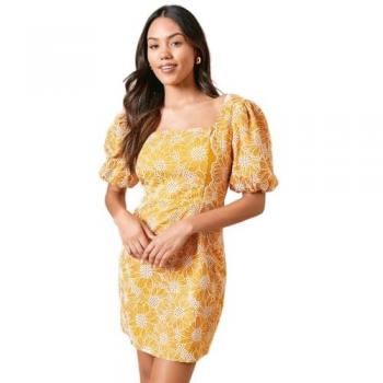Women’s Mini Dress: Cutwork Floral Scalloped Edge, Ochre, 12 US